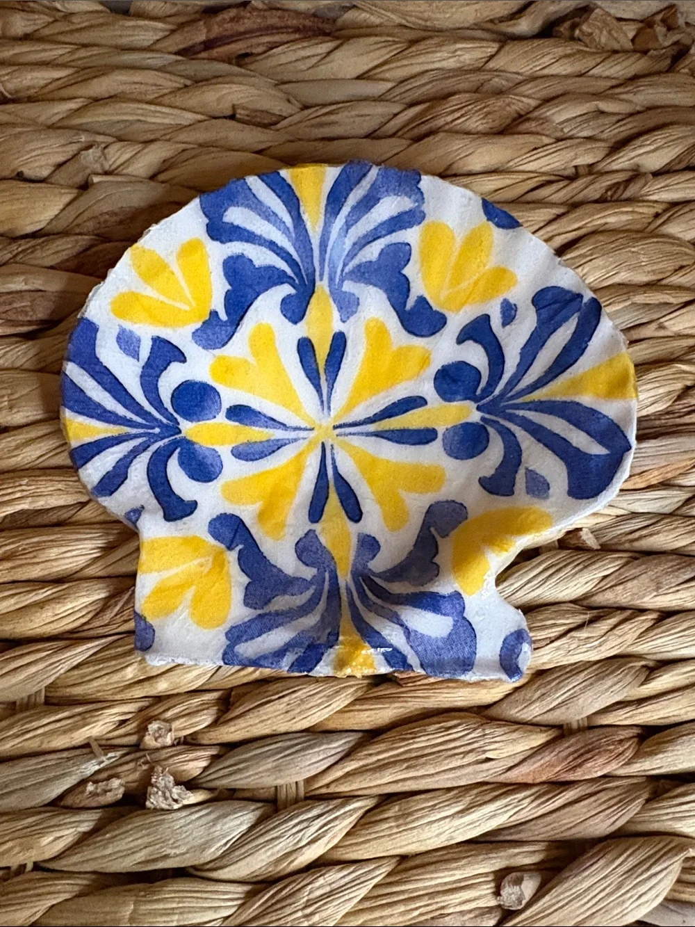 Hand Crafted Blue and Yellow Floral Shell Accent Dish